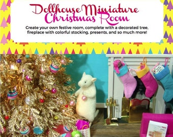 May include: A miniature dollhouse Christmas room with a gold tinsel tree, a fireplace with stockings, presents, and a white stuffed animal. The room is decorated with a blue wall and a yellow floor with a pattern of colorful triangles. The text "Dollhouse Miniature Christmas Room" and "Mini Maker Workshop Series www.themousemarket.com" is visible in the image. The text "Full-color photos!" is also visible in the image.