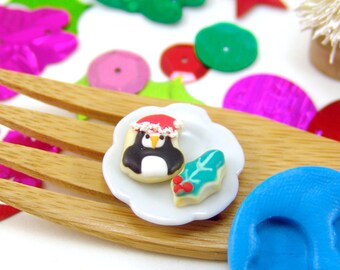 Polymer Clay Mold // Flexible Silicone Dollhouse Cookie Mold // Christmas Penguin and Holly Leaf for 1:2 Scale Food