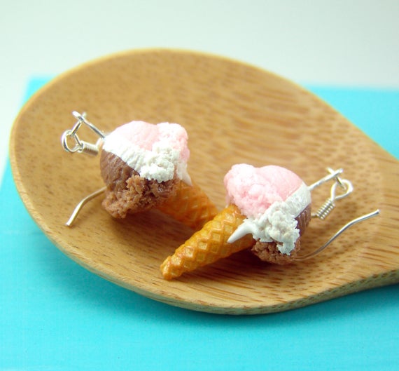 Neapolitan Ice Cream Earrings : Handmade Miniature Food Earrings