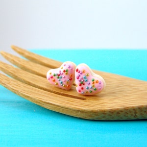 Food Jewelry // Heart Shaped Cookie Earrings in Pink Rainbows // MADE TO ORDER // Post Earrings image 3