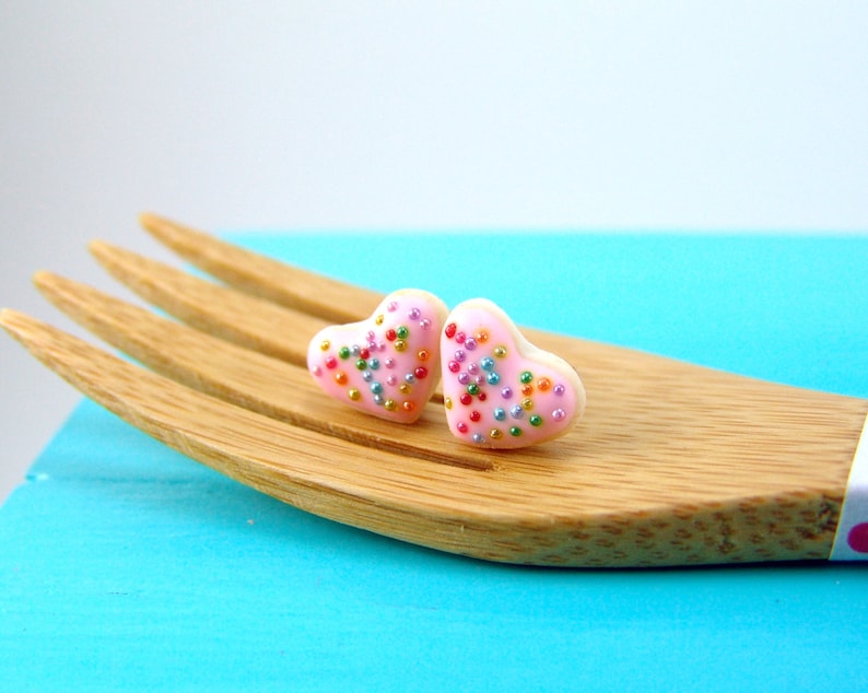 Food Jewelry // Heart Shaped Cookie Earrings in Pink Rainbows // MADE TO ORDER // Post Earrings image 3