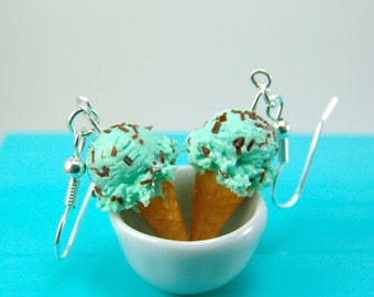 Ice Cream Earrings in Mint Chocolate Chip // MADE TO ORDER// Miniature Food Earrings