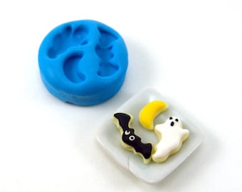 Flexible Silicone Mold Dollhouse Halloween Cookies // Ghost, Bat, Moon Miniature Cookie Mold for 1:12 Scale Food and Food Jewelry Projects