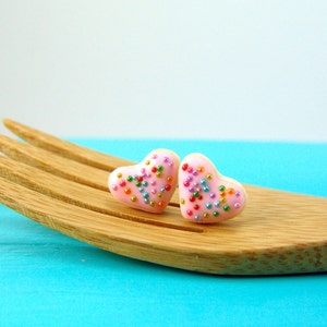 Food Jewelry // Heart Shaped Cookie Earrings in Pink Rainbows // MADE TO ORDER // Post Earrings image 1