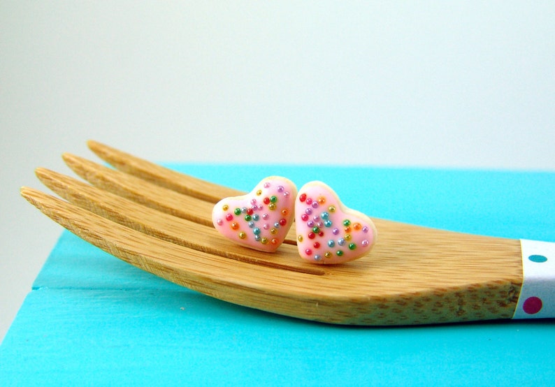 Food Jewelry // Heart Shaped Cookie Earrings in Pink Rainbows // MADE TO ORDER // Post Earrings image 1