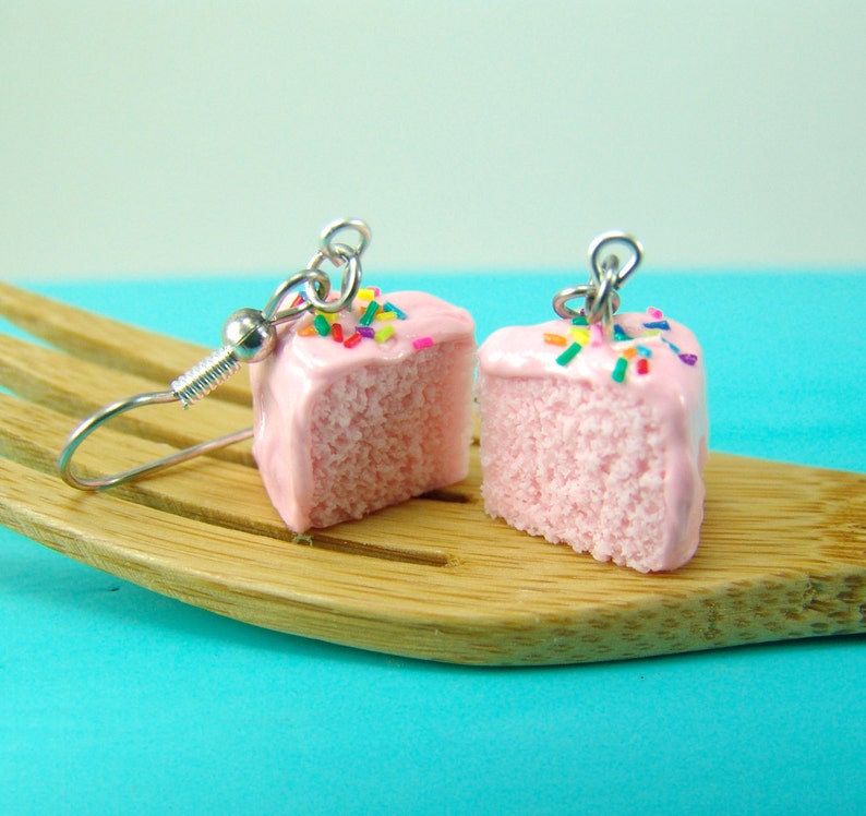 Pink Cake Earrings // Strawberry Cake with Rainbow Sprinkles // MADE TO ORDER // Food Jewelry image 2