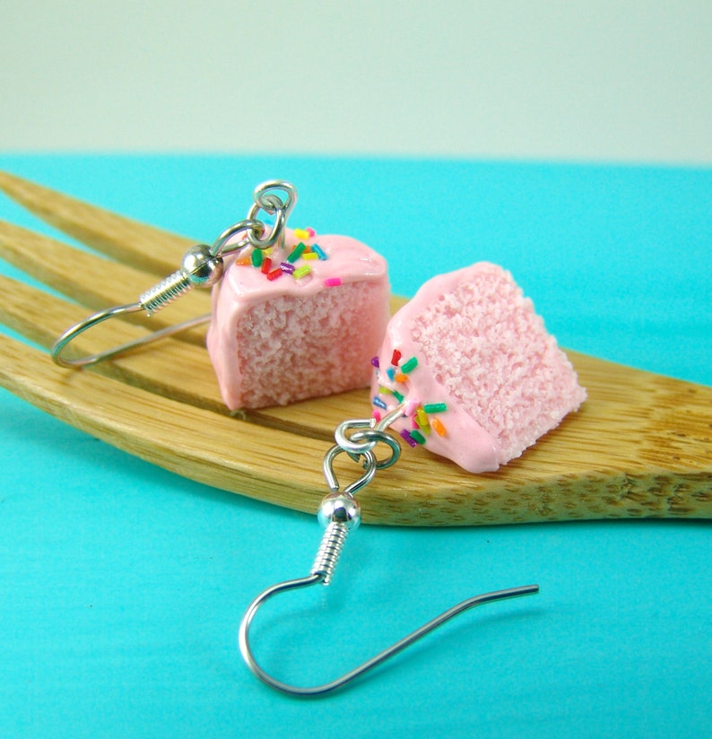 Pink Cake Earrings // Strawberry Cake with Rainbow Sprinkles // MADE TO ORDER // Food Jewelry image 1