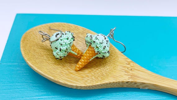 Mint Chip Ice Cream Earrings: Handmade Polymer Clay Jewelry
