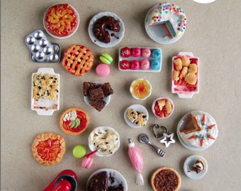 May include: A collection of miniature bakery treats made from polymer clay, including cakes, pies, pastries, and cookies. The image includes over 40 fun projects, as stated in the text overlay.  The image also includes miniature baking tools, such as a rolling pin, a piping bag, and a mixer.