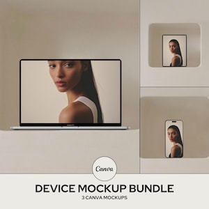 3 Aesthetic CANVA Device Mockups, Digital Product Mockups, MacBook Mockup, iPhone Mockup, iPad Mockup, Tablet, Laptop, Mockup Bundle -SIENNA