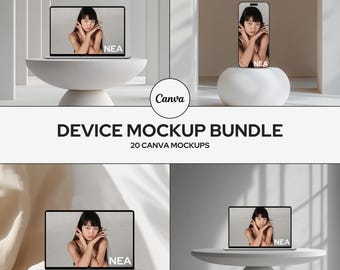 Aesthetic CANVA Device Mockups, Digital Product Mockups, MacBook Mockup, iPhone Mockup, iPad Mockup, Laptop, Tablet, Mockup Bundle, NEA