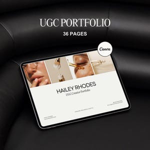 May include: A digital tablet showing a portfolio titled "UGC Portfolio" with "36 Pages" in white text. The portfolio cover features images of skincare and beauty products. The creator's name, "Hailey Rhodes," is also visible.