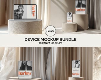 Esthetische CANVA-apparaatmodellen, digitale productmodellen, MacBook-mockup, iPhone-mockup, iPad-mockup, laptop, tablet, mock-upbundel, HARLOW