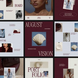 May include: A digital mood board template featuring a grid layout with deep burgundy and off-white backgrounds. It includes various photographic elements such as a white seashell, portraits, and text overlays like AUGUST, VISION, and PORTFOLIO.