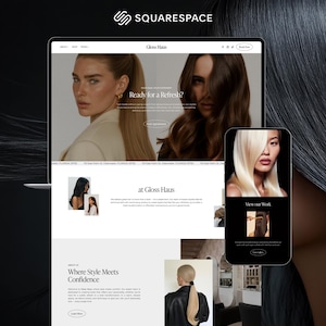 Könnte beinhalten: Webdesign für Gloss Haus, angezeigt auf einem Laptop und Smartphone. Die Website zeigt Bilder von Frauen mit verschiedenen Frisuren. Der Text "Ready for a Refresh?" ist sichtbar. Das Squarespace-Logo befindet sich oben links.
