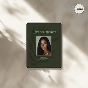 Puede incluir: Una tableta verde con el texto "LET'S COLLABORATE" en blanco. Una mujer con cabello largo y oscuro aparece en un marco blanco. El texto debajo de la imagen dice "Hello Friend, I am Hannah Wilson! Email me at hellugrealygreatate.com to collaborate!"