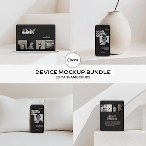 May include: A mockup bundle of 20 device mockups for Canva. The bundle includes mockups of a laptop, a smartphone, and a tablet. The mockups are set against a white background with shadows.
