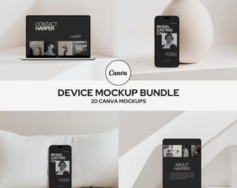 Esthetische CANVA-apparaatmodellen, digitale productmodellen, MacBook-mockup, iPhone-mockup, iPad-mockup, laptop, tablet, mock-upbundel, HARLOW