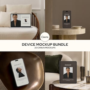 May include: A device mockup bundle featuring a laptop, smartphone, and tablet, each displaying a portrait of a woman in a black blazer. The devices are set against neutral-toned backgrounds. The Canva logo and text "DEVICE MOCKUP BUNDLE" are also visible.