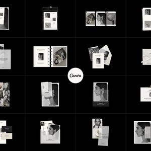 Op de afbeelding: Een verzameling zwart-wit product mockups, waaronder brochures, kaarten en portretten. De afbeeldingen tonen een minimalistische esthetiek, met het "Canva" logo zichtbaar. Het algemene thema is elegant en verfijnd.