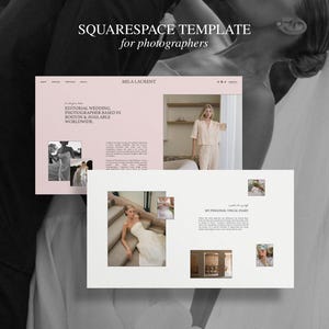 Può includere: Un modello Squarespace per fotografi che presenta un layout di sito web con una tavolozza di colori rosa tenue e bianco. Il design include sezioni intitolate Mila Laurent, Editorial Wedding Photographer e My Personal Visual Diary con varie immagini.