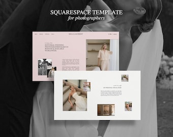 Puede incluir: Una plantilla de Squarespace para fotógrafos que presenta un diseño de sitio web con una paleta de colores rosa suave y blanco. El diseño incluye secciones tituladas Mila Laurent, Editorial Wedding Photographer y My Personal Visual Diary.