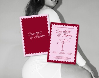 Könnte beinhalten: Zwei Verlobungsankündigungskarten mit gewelltem Rand. Eine ist einfarbig burgunderfarben, die andere hellrosa mit einer Martini-Grafik. Beide Karten tragen die Namen "Charlotte & Kenny" in einer Schreibschrift.