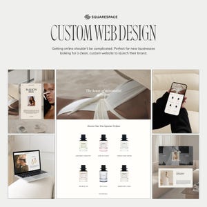 May include: A Squarespace custom web design promotional graphic featuring a collection of website templates. The layout displays various digital interfaces, including a perfume shop, a fashion brand site, and a mobile view, showcasing clean typography and imagery.