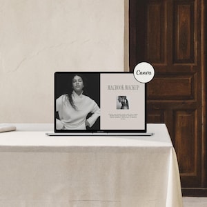 May include: A MacBook Pro laptop showing a mockup with the text "Macbook Mockup" and a woman in a white sweater. The laptop is on a white table with a beige background and a dark brown wooden door.