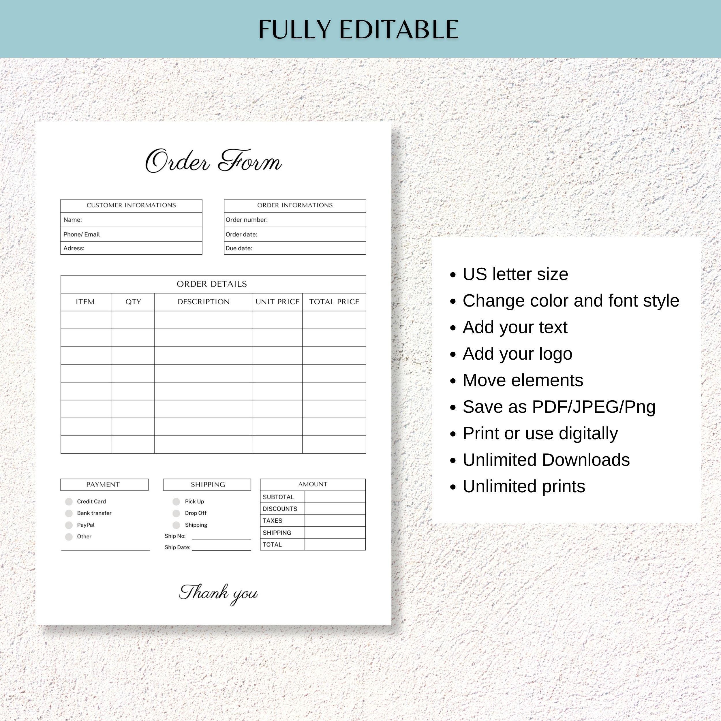 Editable Order Form Template, Small Business Order Tracker (instant ...