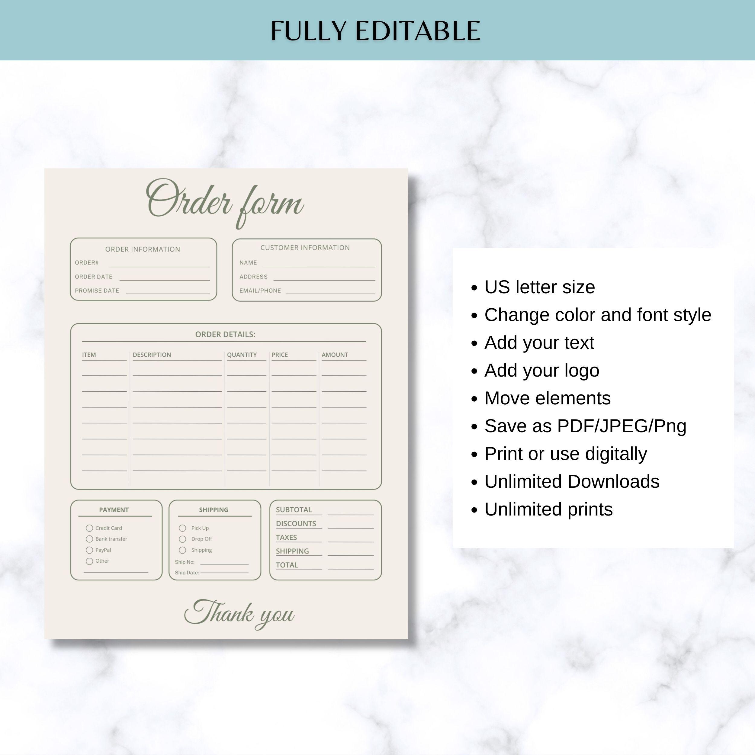 Editable Order Form Template, Small Business Order Tracker (instant ...