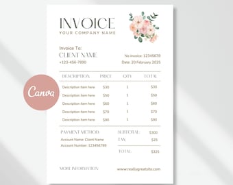 Floral Invoice Template, Elegant Business Invoice, Editable Canva PDF (Instant Download)