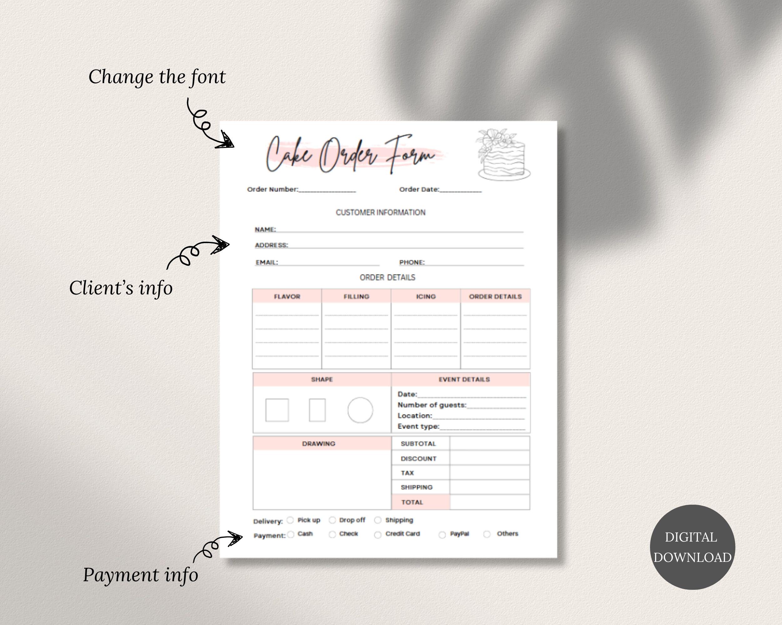 Editable Cake Order Form, Printable Bakery Template (digital Download ...