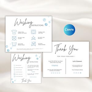 Puede incluir: Tarjetas blancas con instrucciones de lavado y un mensaje de agradecimiento. Las instrucciones de lavado incluyen símbolos para dar la vuelta a la prenda, secar en secadora a baja temperatura, no limpiar en seco, no usar lejía y lavar a máquina en frío.