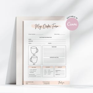 Peut inclure: Un formulaire de commande de tasse imprimable avec des sections pour les informations du client, les détails de la conception, les notes de commande, les options de livraison, le mode de paiement et le montant. Le formulaire comprend un graphique d'une tasse avec un espace pour les designs avant et arrière.