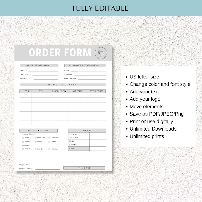 Editable Small Business Order Form Template, Printable PDF, Canva - Etsy