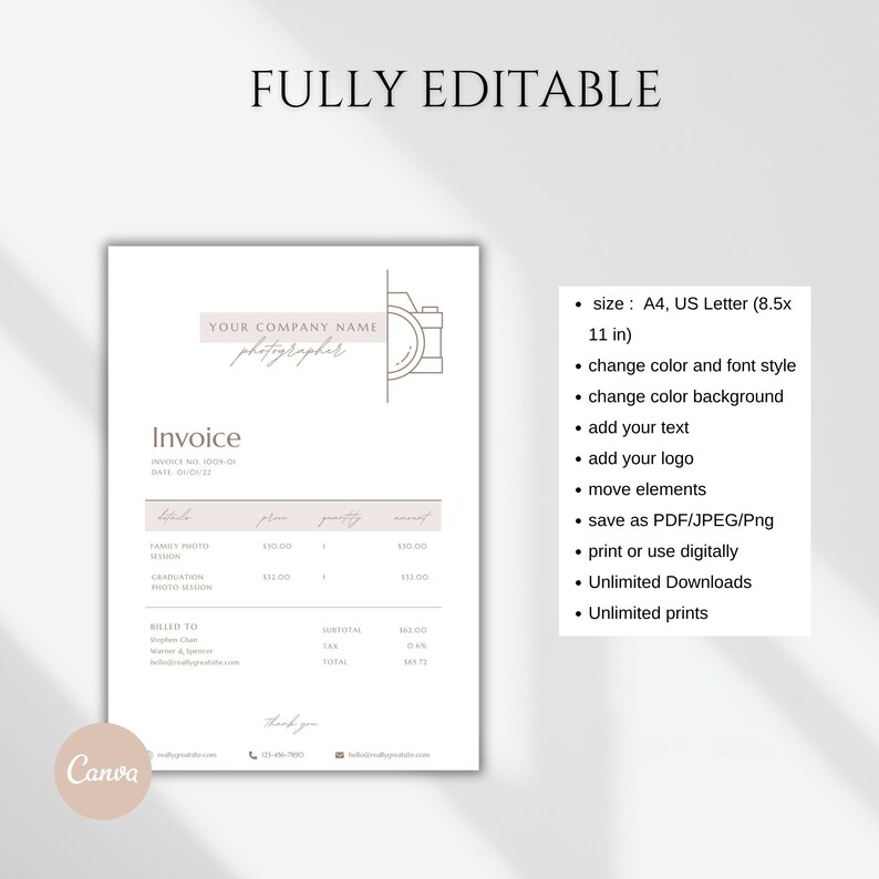 Photography Invoice Template Canva , Minimal Photographer Invoice ...
