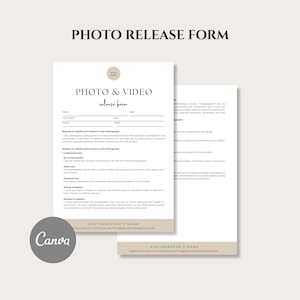 Puede incluir: Un formulario de cesión de derechos de foto con el texto "PHOTO RELEASE FORM" en la parte superior. El formulario es blanco con texto negro y un borde beige. El logotipo de Canva está en la esquina inferior izquierda.