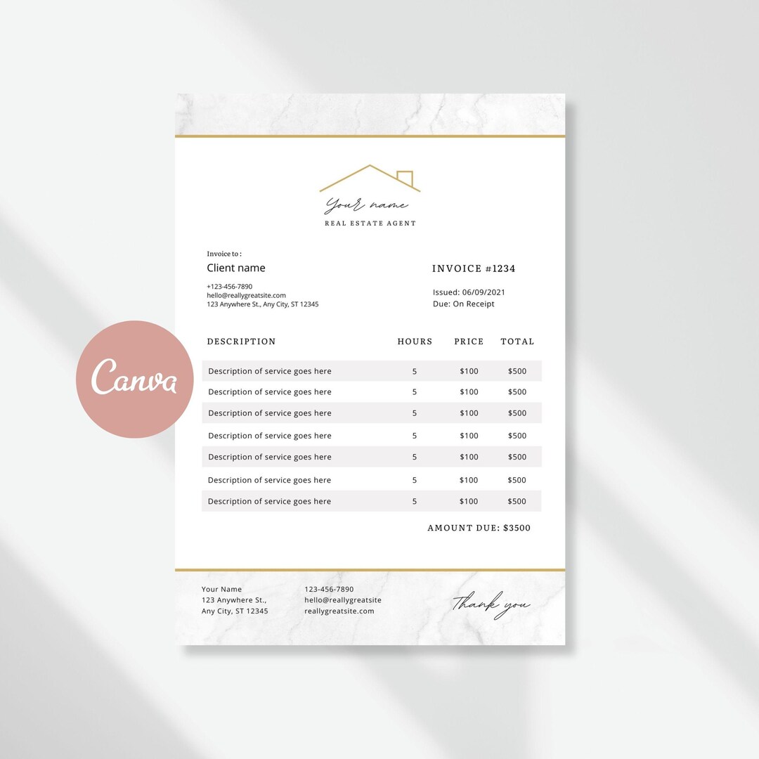 Editable Real Estate Agent Invoice Template, Small Business Custom ...