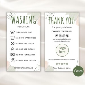 Puede incluir: Tarjeta de visita de doble cara con instrucciones de lavado y un mensaje de agradecimiento. Las instrucciones de lavado incluyen símbolos para dar la vuelta, lavar a máquina en frío, no limpiar en seco, no usar lejía, no usar secadora y no planchar.