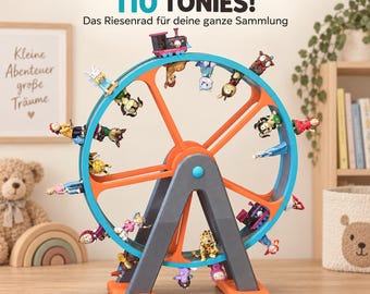 May include: A Ferris wheel-shaped display stand for small figurines, featuring a blue outer rim, orange spokes, and gray support legs. The base is orange with the name Lilly and a date printed on it. Text above reads PLATZ FÜR BIS ZU 110 TONIES!