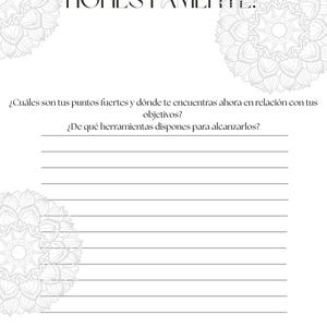 May include: A white journal page with the text "RESPONDE HONESTAMENTE!" and questions in Spanish. Decorative mandala designs are in the corners. The journal has lined pages for writing.