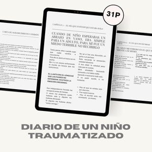 Puede incluir: Una tableta digital muestra texto de un libro titulado "Diario de un niño traumatizado". El texto está en español, con títulos de capítulos y extractos visibles. Un gráfico circular con "31P" está en la esquina.