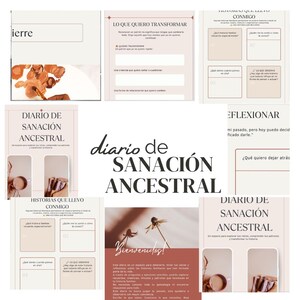 Op de afbeelding: Een verzameling pagina's uit een Diario de Sanación Ancestral, uitgevoerd in beige en terracottakleuren. De pagina's bevatten koppen zoals Lo que quiero transformar en Historias que llevo conmigo, met schrijfruimte, bloemafbeeldingen en gedrukte tekst.