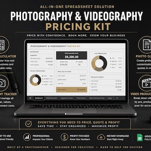 May include: A laptop screen shows a photography and videography pricing kit. The image features a tripod, camera lenses, and icons for a CODB calculator, equipment tracker, photo quotes, and video production costs. Text reads: "Price with confidence. Book more. Grow your business."