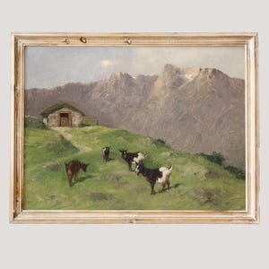 Mountain Goats | Vintage Goat Farm Wall Art Poster, Swiss Farmhouse Home Decor, Antique Animal Oil Painting Homestead Cottage Art Print