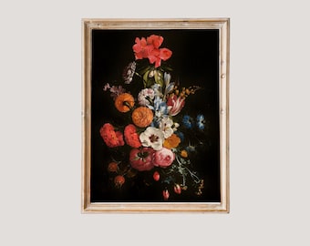 Ramo floral melancólico / Arte mural vintage de naturaleza muerta, póster grande, decoración para el hogar estilo casa de campo, impresión artística de flores de pintura al óleo antigua estilo Dark Academia