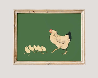 Póster grande de gallina y pollitos vintage, arte de pared de gallinas, decoración de pared de guardería de granja, pintura al óleo de animales antiguos, impresión de cabaña de granja