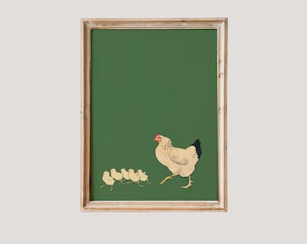 Póster grande de gallina y pollitos vintage, arte de pared de gallinas, decoración de pared de guardería de granja, pintura al óleo de animales antiguos, impresión de cabaña de granja