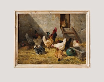 Barnyard Chickens | Vintage Animals Wall Art Large Poster, Farmhouse Home Decor,  Antique Oil Painting Homestead Art Print, Cottage Print